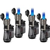 F.E.S.S. Trident Cyclone Triple Jet Cigar Lighters, 4 Pack | Four Triple-Jet Cigar Lighters with Adjustable Flames, Fuel Windows and Flip-Top Caps
