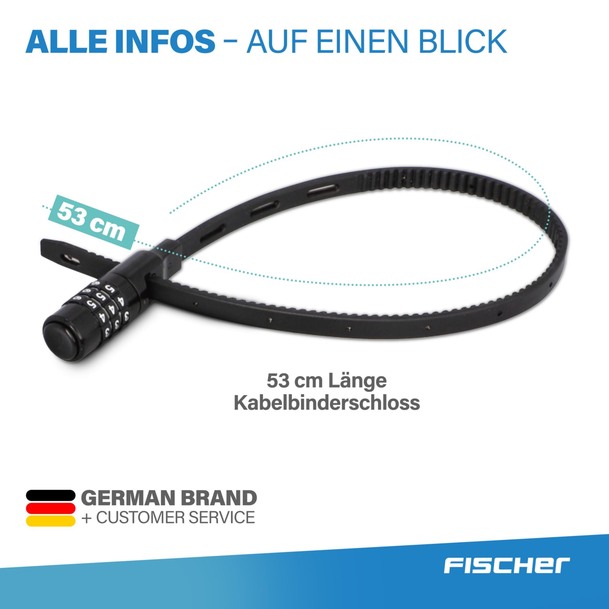 FISCHER Fahrradschloss, Kabelbinderschloss Spezialschloss mit Zahlenschloss, für Fahrrad, Helm oder Skifahren, schwarz, Länge: 53 cm 8