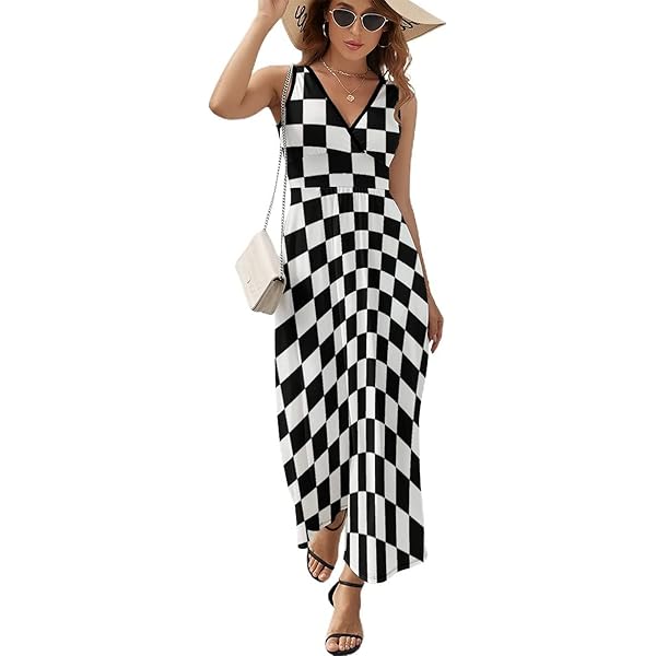 Women's Casual Loose Sundress Sleeveless Long Dress Maxi Black White Race  Checkered Flag Dresses Summer Beach Dress S at Amazon Women's Clothing store