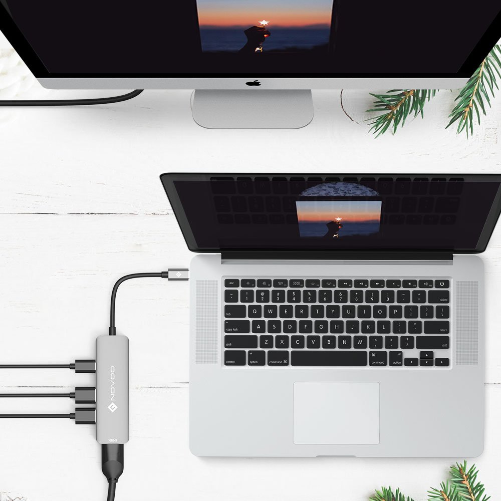 NOVOO USB C Hub Aluminium mit HDMI 4K Adapter, 2* USB 3.0 Anschlüssen, Ladeanschluss für 12\