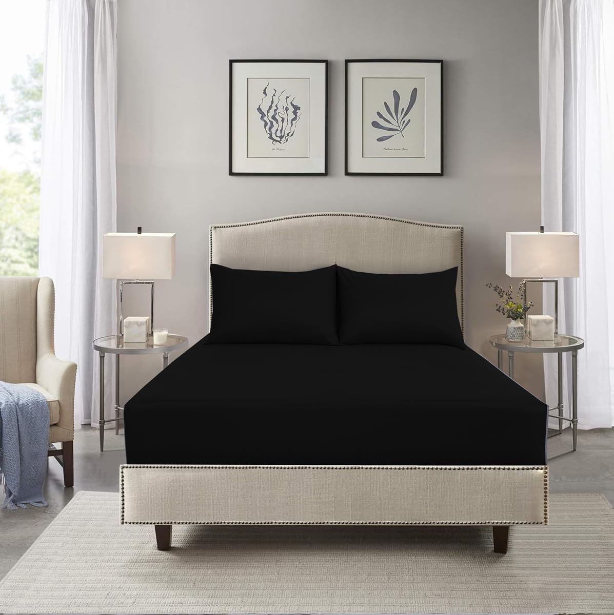 HADI LONDON Microfibre Fitted Sheet Single Double King and Super King - 16 inch (40 cm) Extra Deep Pocket Soft Plain Dyed Brushed Shrinkage and Fade Resistant Bed Sheet (Black, King)