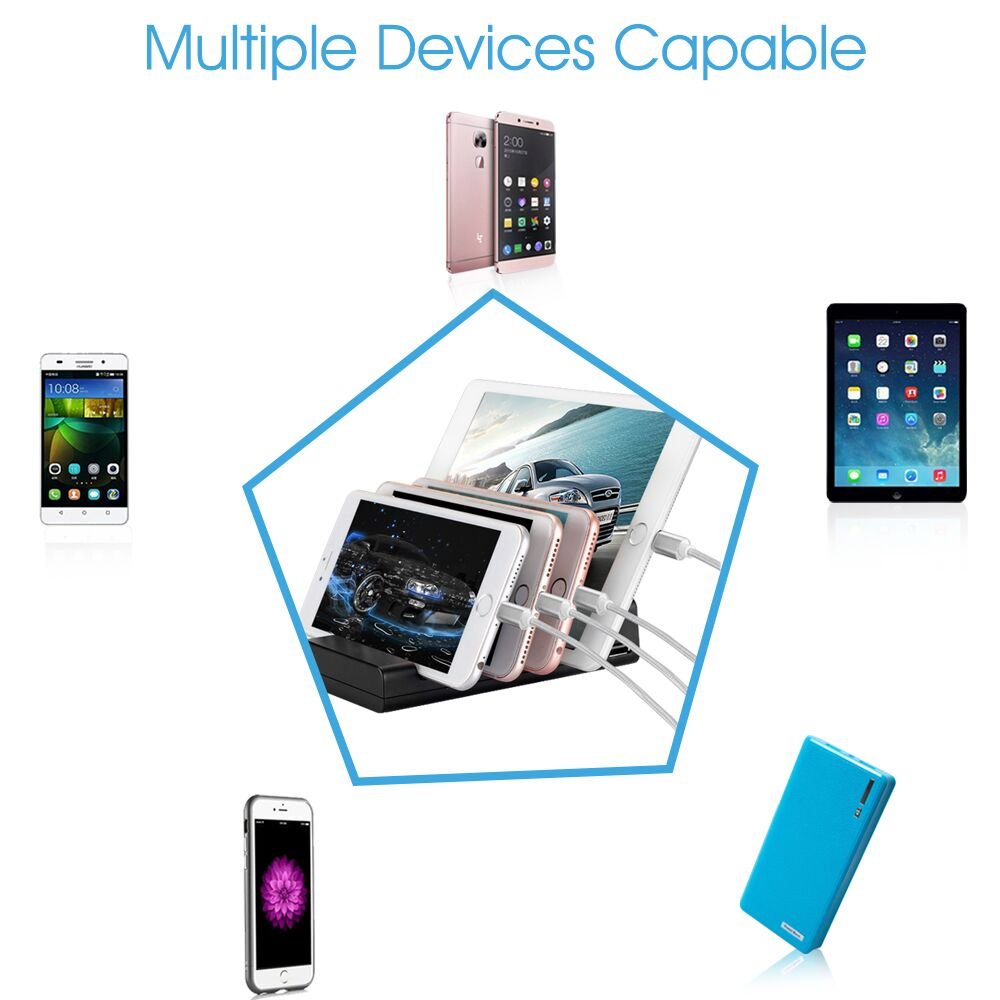 Estación De Carga USB-TOSCiDO 4 Puertos Soporte de Carga Multi Carga Inteligente Incluido El Cable De Carga Rápida 3 En 1 Para iPhone,iPad, Samsung, Smartphones, Tablets