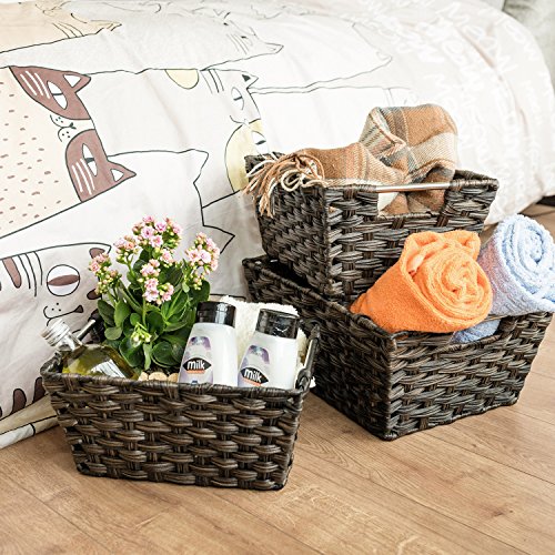Woven Basket, MaidMAX Set of 3 Rectangular Wicker Rattan Nesting Baskets Storage Bins Containers Organizers Boxes with Handles for Shelves Pantry Bedroom Closet Organization