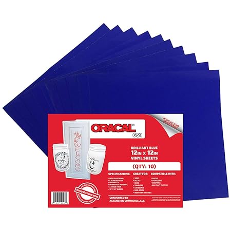 (10) 12 x 12 Sheets - Oracal 651 Brilliant Blue Adhesive Craft Vinyl for Cricut, Silhouette, Cameo, Craft Cutters, Printers, and Decals - Gloss Finish and Outdoor and Permanent