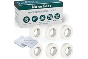 Nanacare Paper Surgical Tape 1/2 inch x 11yd (6 Rolls) +10pc Gauze Pads | Microporous Micropore Tape | Earring Tape |Medical Tape for Skin, Dressings,Face, Wound Care | First Aid Bandage Tape