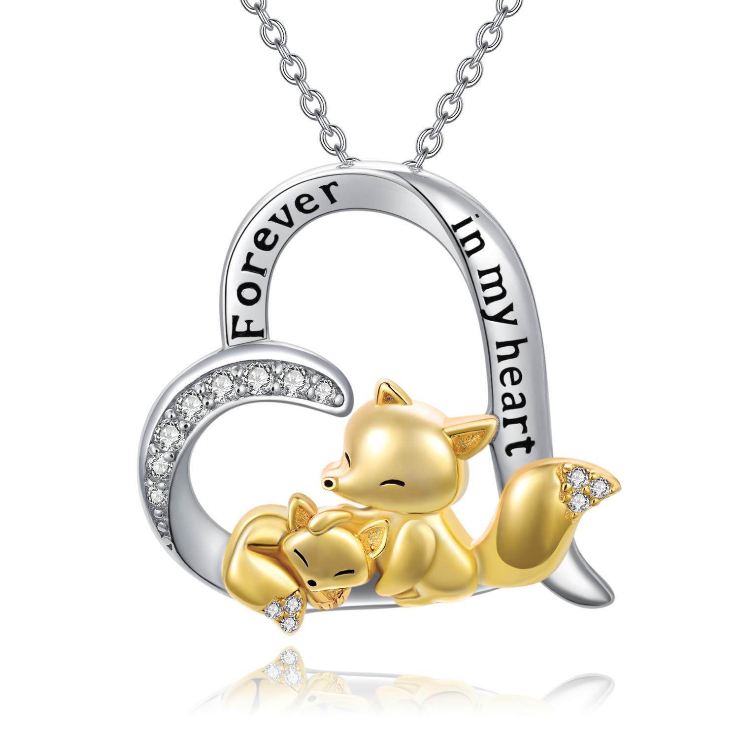 LONAGO 925 Sterling Silver Fox Necklace Forever in My Heart Mother And Child Cute Fox Pendant Necklace Jewelry for Women
