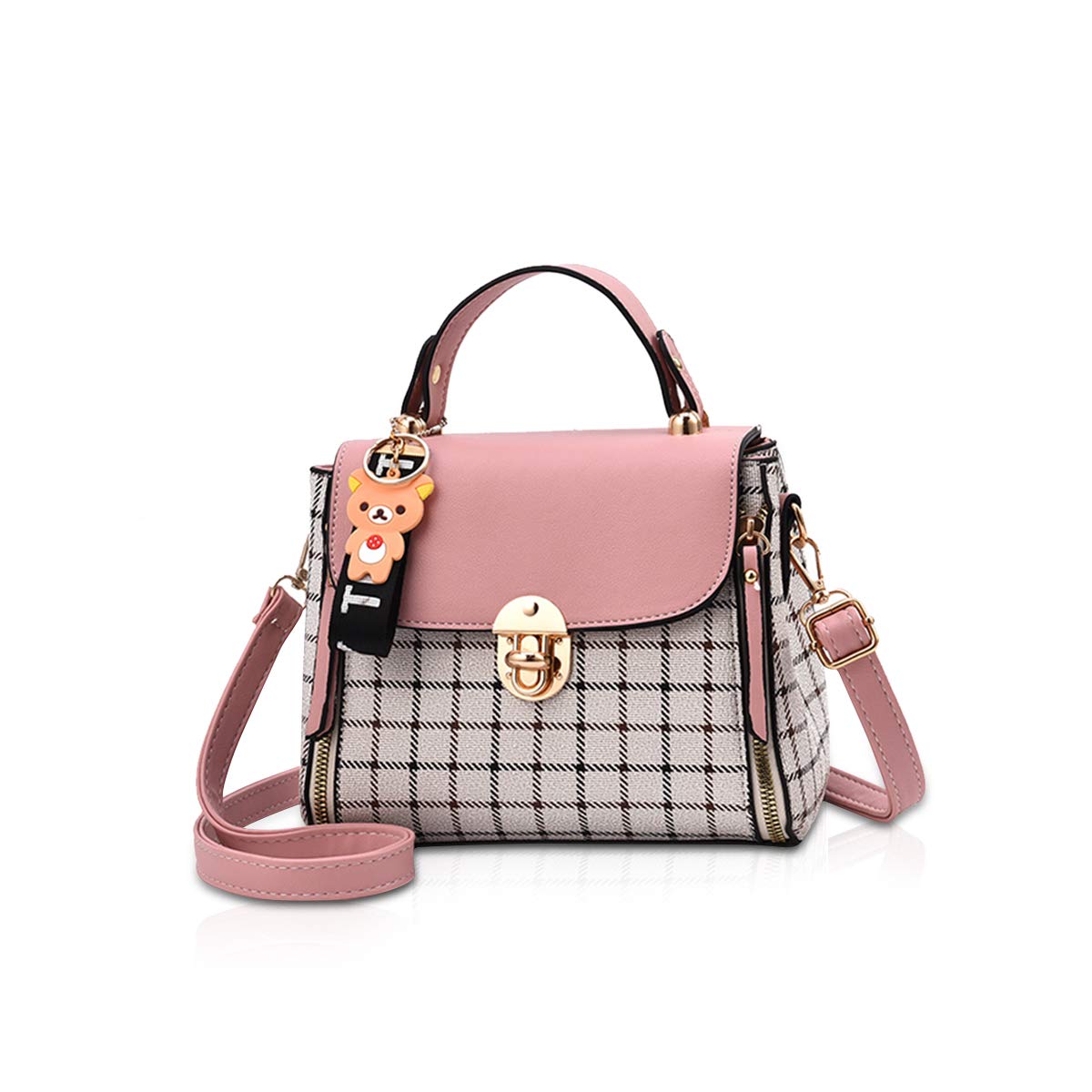 NICOLE&DORIS Women Handbags Cute Crossbody Bag for Girls Lattice Shoulder Bags PU Leather Messenger Bag Top-Handle Bag with Flap Pink