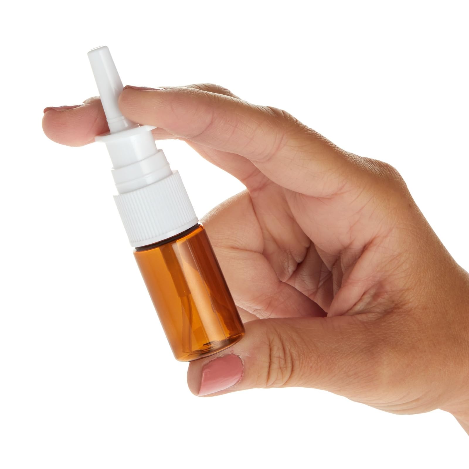 Bright Creations Bulk Nose Spray Bottles - 0.35 fl oz (10 ml) Amber Refillable Plastic Nasal Sprayers - 24-Pack - Fine Mist Caps for Travel & Cosmetic Use