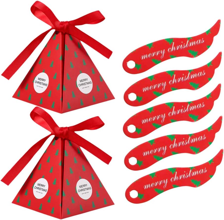 Pack of 50 Christmas Candy Boxes Tree Pattern Pyramid Candy Box Wrapping Bags Birthday Small Christmas Tree Santa Claus Reindeer Favour Xmas Candy Boxes