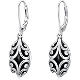 Black Onyx Earrings for Women 925 Sterling Silver Filigree Vintage Leverback Dangle Drop Earrings for Wife Girlfriend Mom Birthday Mothers Day Christmas Gift