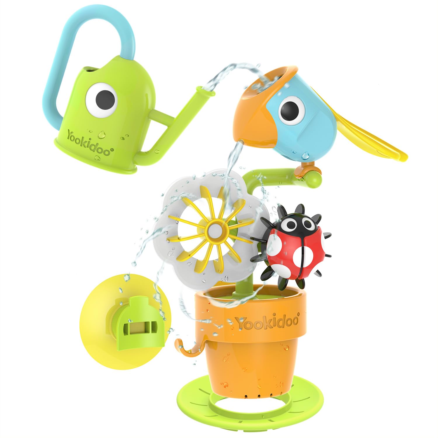 Yookidoo Watering Can Baby Bath Toy (Ages 1-3) Spinning Lady Bug & Tipping Bird Toy with 3 Moving Pieces - Attaches to Tub Wall for Easy Toy Holder and Storage — image 1
