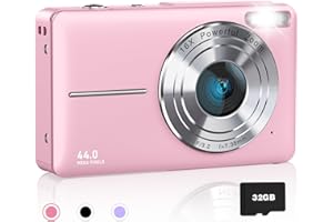 AiTechny Digital Camera for Kids, 1080P FHD Camera, 44MP Point and Shoot Digital Camera for Pictures with 32GB Card, 16X Zoom, Compact Small Vintage Camera Gifts for Teens Kids Boys Girls(Pink)