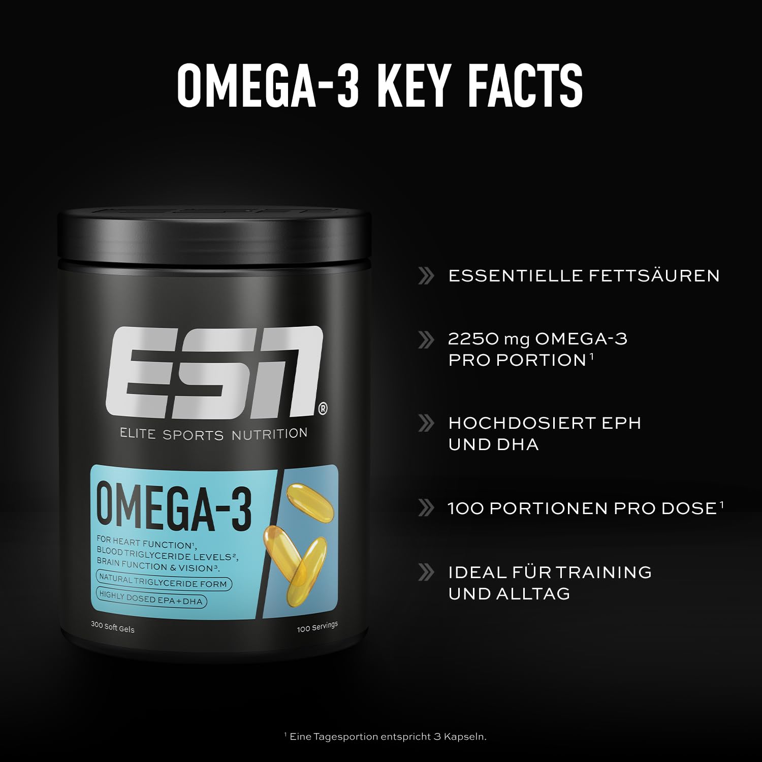 ESN Omega-3, 300 Kapseln, hochdosiert Fischöl mit 1200 mg EPA und 900 mg DHA pro Tagesportion 3