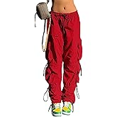 JUSOFTY Parachute Pants Women Y2K Drawstring Elastic High Waist Cargo Pant Women Fashion Multiple Pockets Baggy Track Pants
