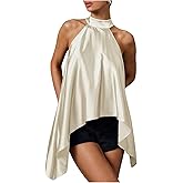 Verdusa Women's Halter Tops Satin Asymmetrical Top Going Out Club Outfits | Halter Top, Summer, Dressy Top, Silk, Matte Satin, Sleeveless, Mock Neck, Business Casual Outfits
