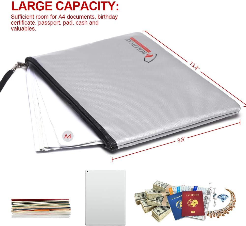 ROLOWAY Fireproof Document Bag (13.4 x 9.8 inches), Fireproof Money Bag for Cash, A4 Documents with Zipper & Strap (2-Pack) - - 