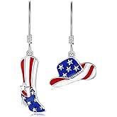 925 Sterling Silver American Flag Dangle Earrings for Women Western Cowgirl Boots Hat USA Flag Drop Earrings 4th of July Drop Hooks Earrings Independence Day Red White Blue Patriotic Jewelry Gifts for Teen Girls