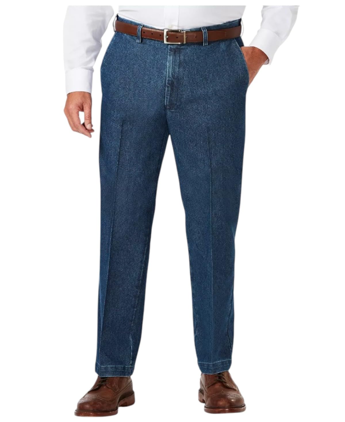 Haggar Men's Big-Tall B&t Stretch Denim Expandable Classic Fit Flat Front Pant, Medium Blue, 44Wx29L Image