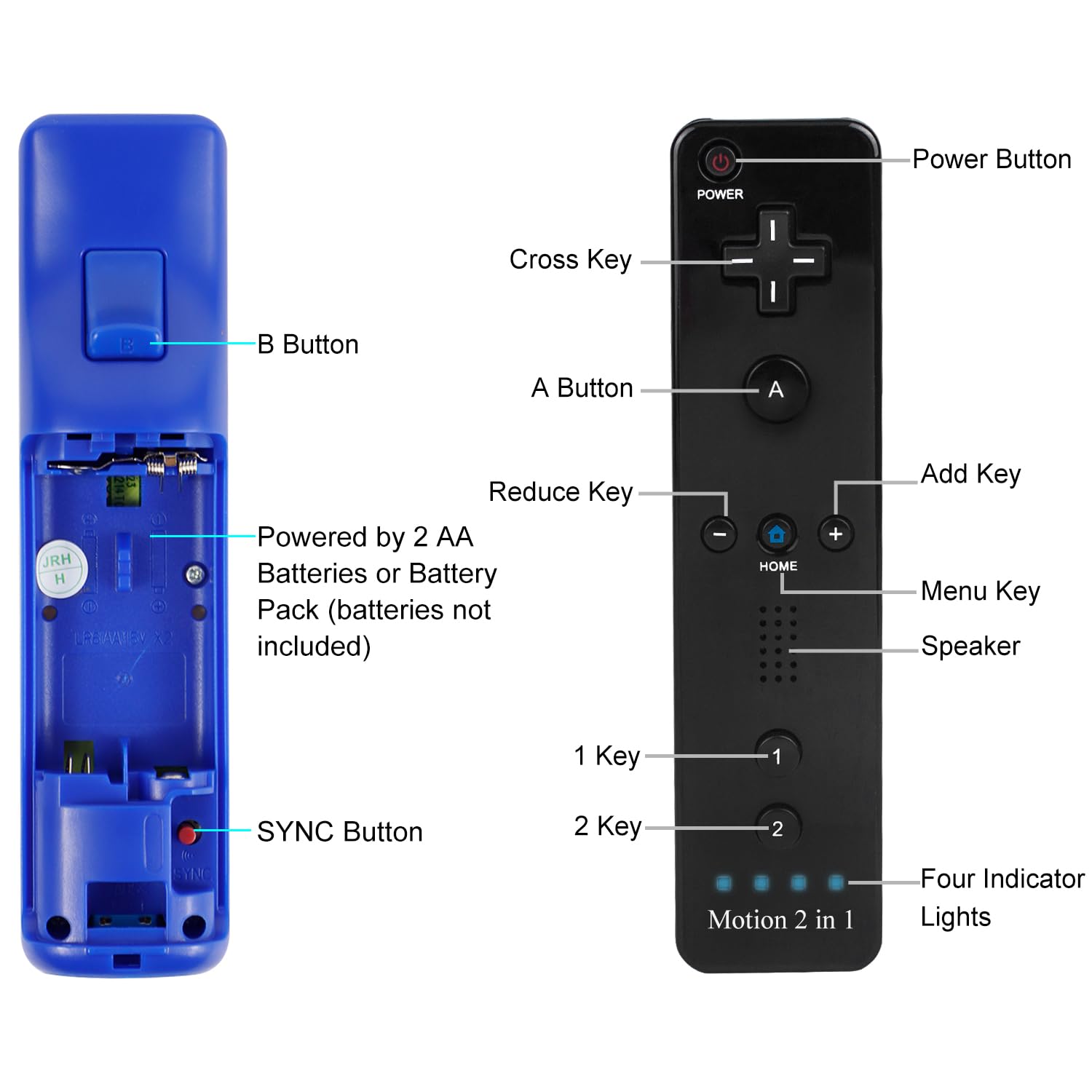 ECRAB Wii Remote with Motion Plus, 2 Pack, Wii Controller Compatible with Wii and Wii U Console Wii Remote Controller with Shock Function (Black+Dark Blue)