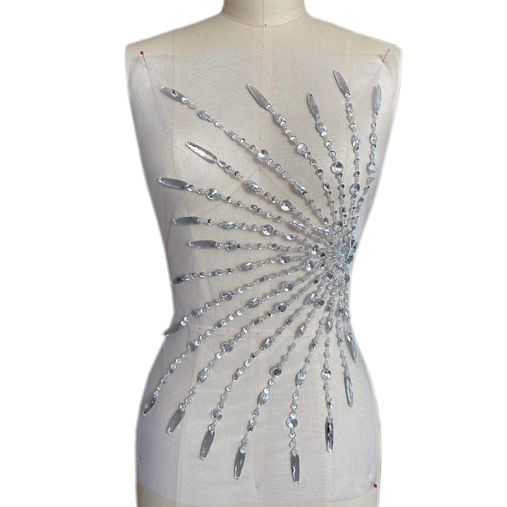 Photo 1 of 25x47cm Sumptuous Sew on Yellow AB Sequin Rhinestones Fine Appliques Designs Patches Sewing for DIY Costume Dress (Silver)