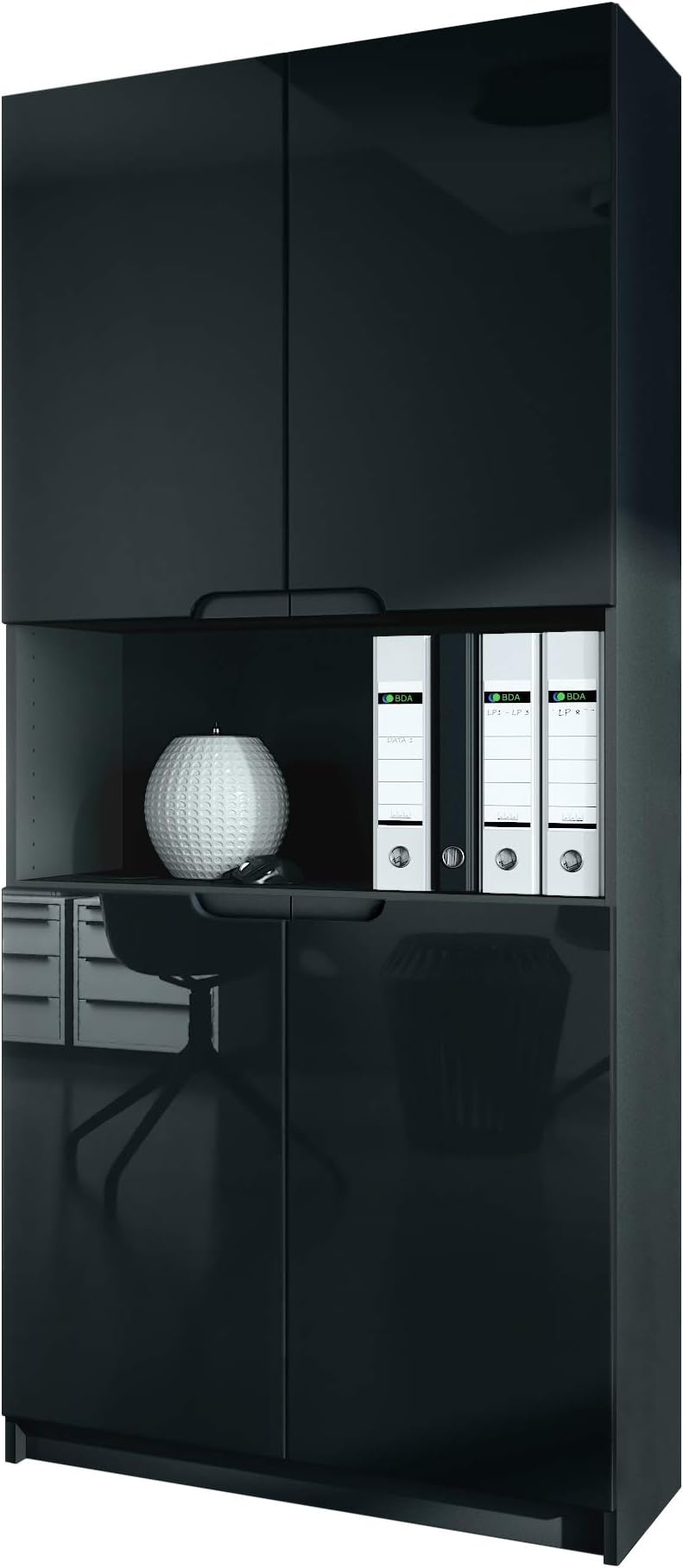 Vladon Logan V2 Office Cabinet, Filing Cabinet with 5 Compartments and 4 Doors, Black matt/Black High Gloss (82 x 184 x 37 cm)