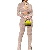 Novaorily Womens 2 Piece Outfits Cut Out Casual Lady Business Suits Long Sleeve Slim Fit Sparkly Office Work Sets