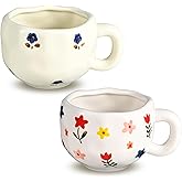 Coffee Mugs Set of 2, Ceramic Coffee Mug with Blue and Pink Floral, 10 oz Aesthetic Latte Art Cups with Handle, Cute Painted Flower Cup for Cappuccino, Cocoa, Espresso - Microwave and Dishwasher Safe