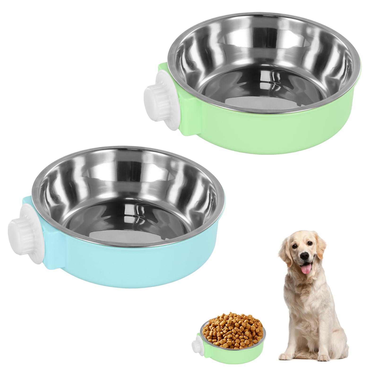 Anseom Pet Crate Water Bowls 2 Pcs, Large Capacity Dog Cage Water Bowls Removable Stainless Steel Hanging Cat Feeding Bowls with Bolt Holder for Dogs Cats Small Animals Blue and Green