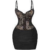 MakeMeChic Women's Fall Floral Lace Mini Dress Party Tie Front Sleeveless Bodycon Mesh Sheer Dresses