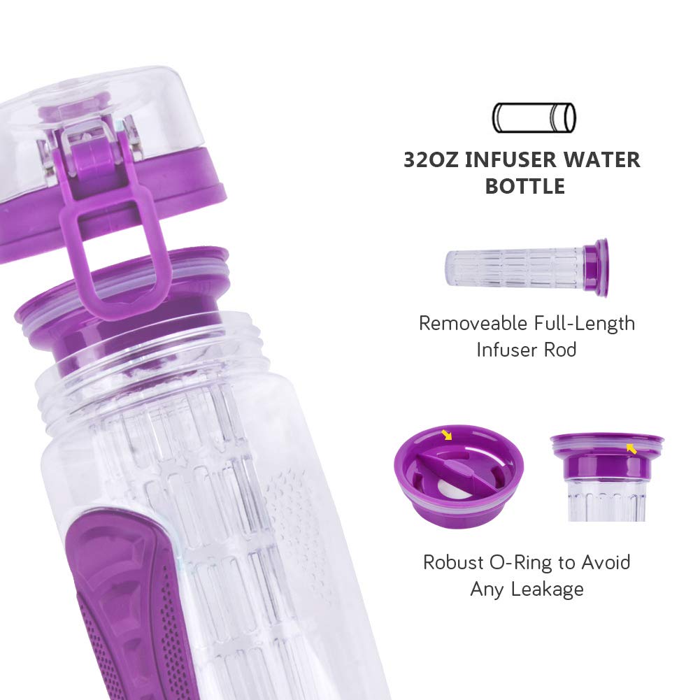 Yishik 2 in 1 Fruit Infuser Water Bottle Large 32oz Featuring a Full Length Infusion Rod， BPA-Free Fruit Infusion Sports Bottle - Flip Top Lid，Drinking Spout, Leak Proof, Made of Durable Tritan