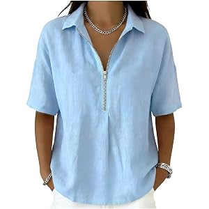 Hesxuno Cotton Tops for Women Half Zip Collared Shirt Summer Trendy Short Sleeve Blouse Lightweight Vacation Beach Shirts