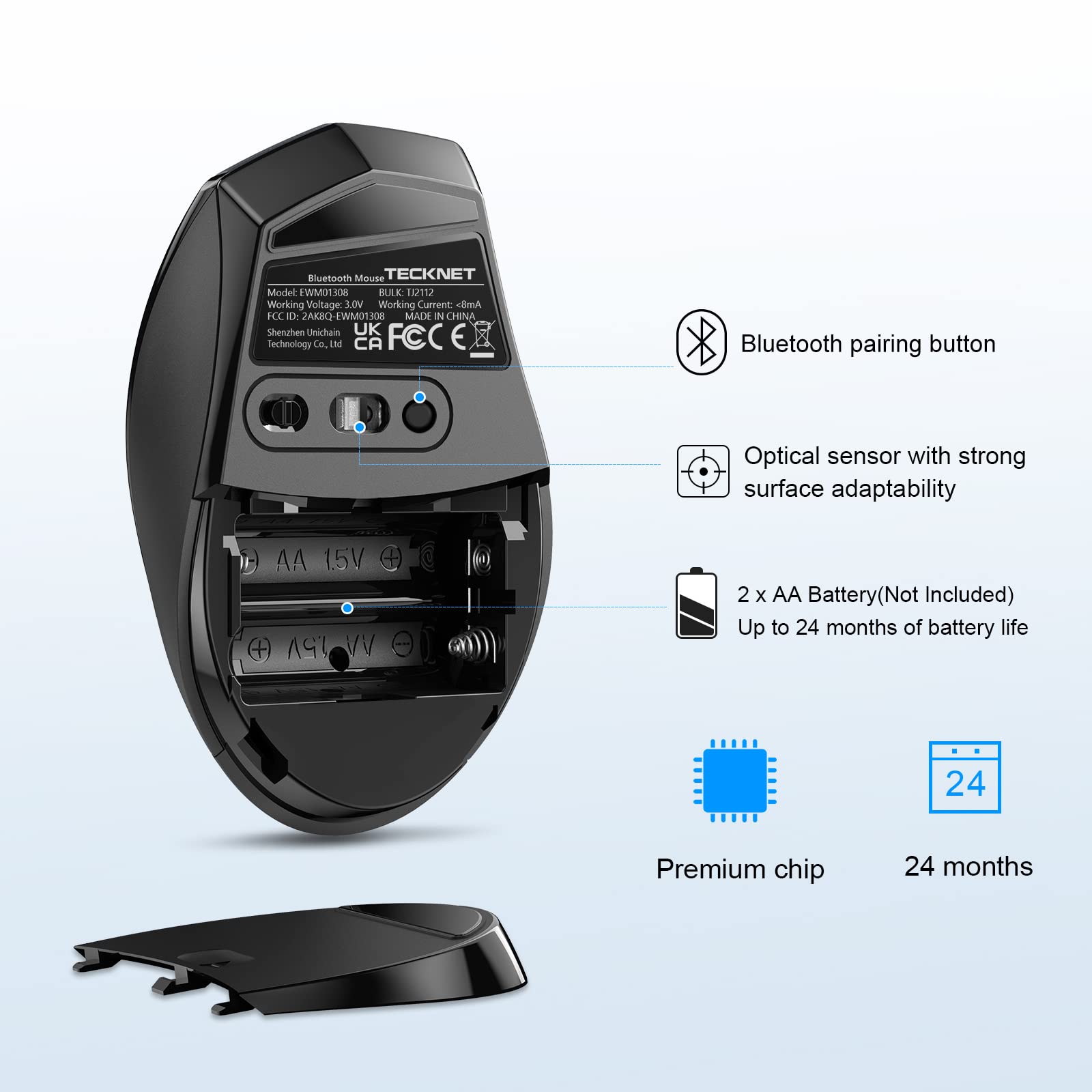 TECKNET Bluetooth Mouse, 4800 DPI Wireless Mouse, 2-Year Battery 6 Adjustable DPI, 6 Buttons Compatible with Laptop/Windows/Computer - Black