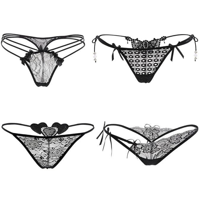 Nightaste Damen Attraktiv String mit Blumenspitze T-Back mit Perlen(4 Muster in Einem Paket Schwarz)