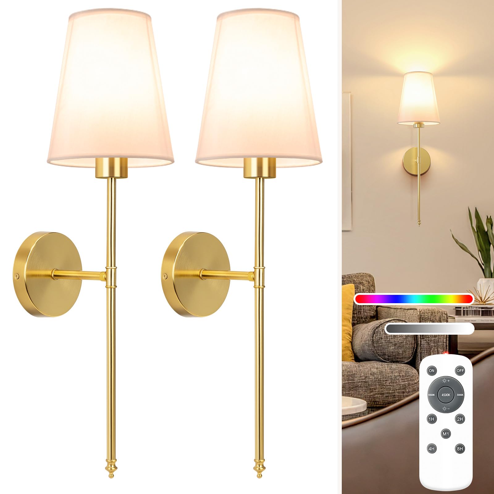Photo 1 of NIORSUN 25.4 inch Battery Operated Wall Sconce Set of 2,Gold Rechargeable Wall Lights with 5200mAh Dimmable Detachable Bulbs and Remote,9 Colors Wireless Sconces for Bedroom Living Room Hallway