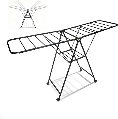 Varal dobrável com rodas, aço carbono, asas extensíveis até 1,7 m, altura ajustável, carga de 40 kg, secador para interior e exterior, preto