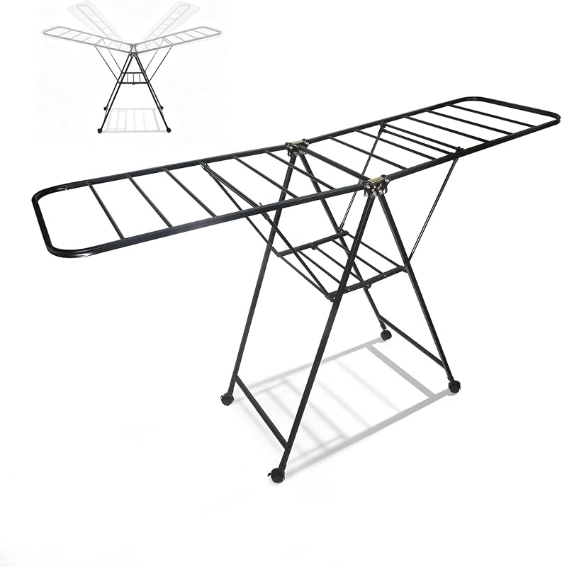 Varal dobrável com rodas, aço carbono, asas extensíveis até 1,7 m, altura ajustável, carga de 40 kg, secador para interior e exterior, preto