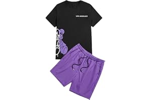 GORGLITTER Men's Letter Graphic Print T Shirts Short Sleeve Top & Shorts Casual Two Piece Sets