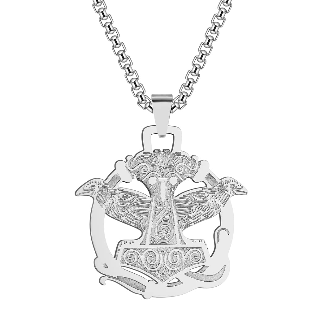 LUTAKU Mens Jewellery Thors Hammer with Raven Necklace for Men Boys Unisex Mjolnir Pendants Pagan Odin Vikings Charm Hip Hop Chains for Men (262S)