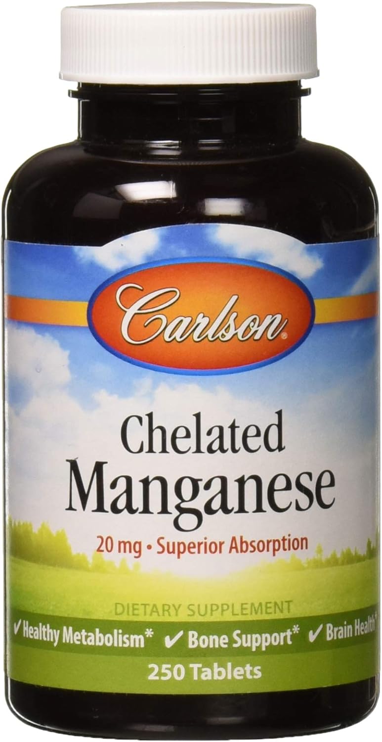 Carlson - Chelated Manganese, 20 mg - Superior Absorption, Healthy Metabolism, Bone Support & Brain Health, 250 Tablets: Health & Personal Care