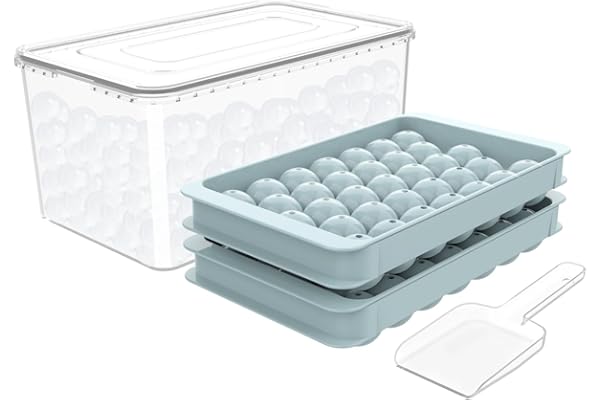 Round Ice Cube Tray with Lid & Bin Ice Ball Maker Mold for Freezer with Container Mini Circle Ice Cube Tray Making 66PCS Sphere Chilling Cocktail Whiskey Tea Coffee (2 Trays 1 Ice Bucket & Scoop)