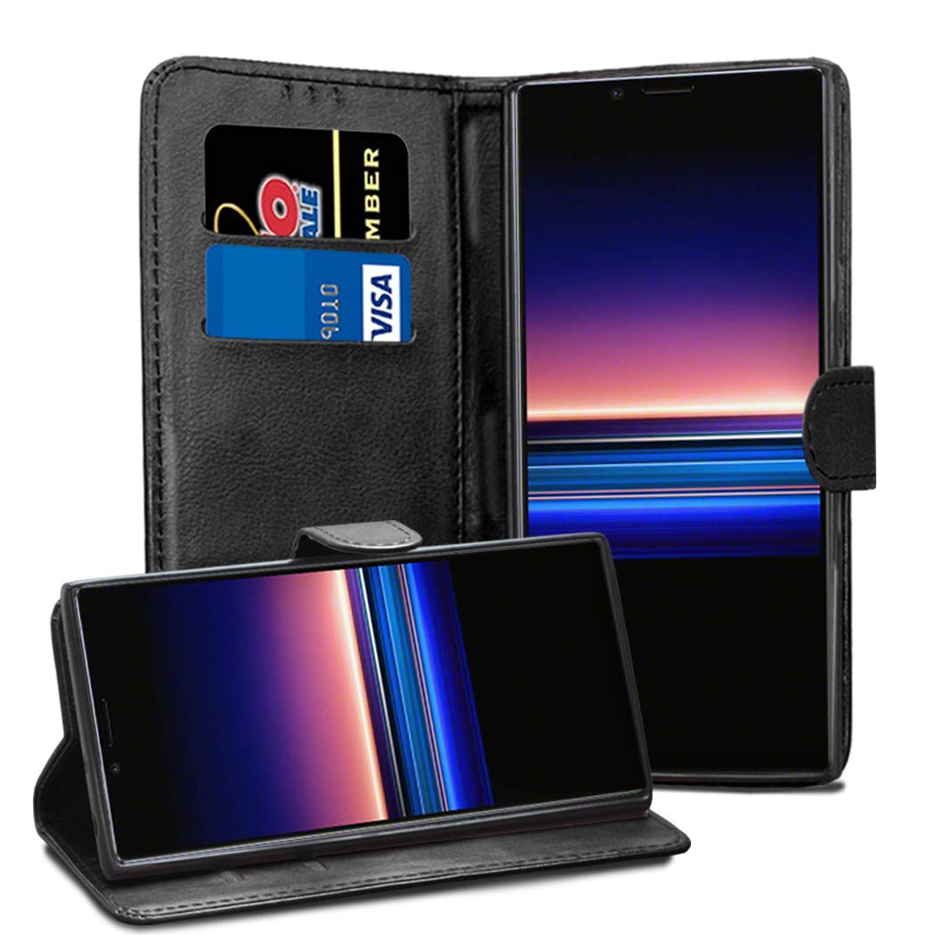 GAPlus Sony Xperia 5 Leather Case - Premium Wallet Case Leather Flip Cover For Sony Xperia 5 6.1" [Card Holder] [Magnetic Closure] (Black)