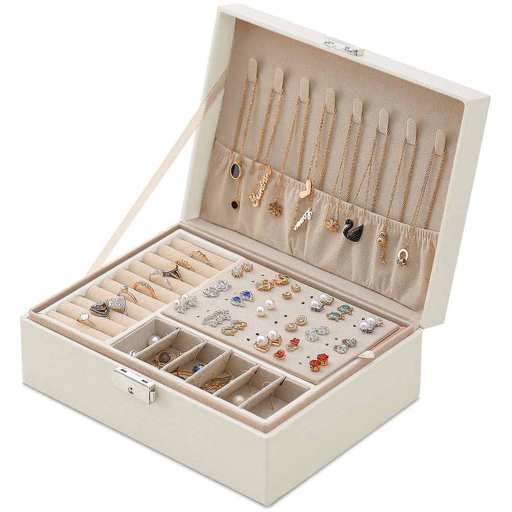 Mtianxy Jewellery Box, Women Double-Layer Pu Leather Jewelry Storage Case for Rings Earrings Bracelets Necklaces Jewellery Organiser Gift Box for Girls Women (white)