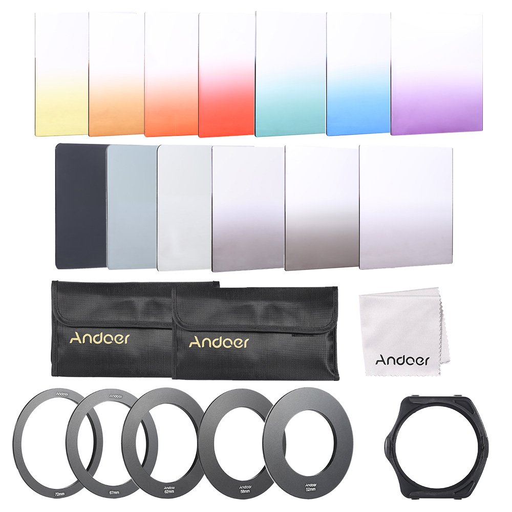 Andoer 13pcs Square Gradient Full Color Filter Bundle Kit for Cokin P Series with Filter Holder, Adapter Ring (52mm / 58mm / 62mm / 67mm / 72mm), Storage Bag, Cleaning Cloth