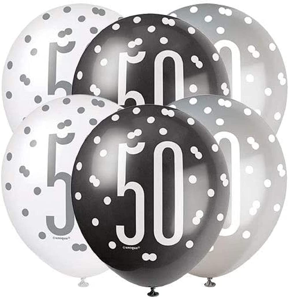 Stunning Glitz Black, Silver & White Latex Balloons (30cm) - Perfect Party Decoration for Elegant Celebrations - 6ct, Age 50