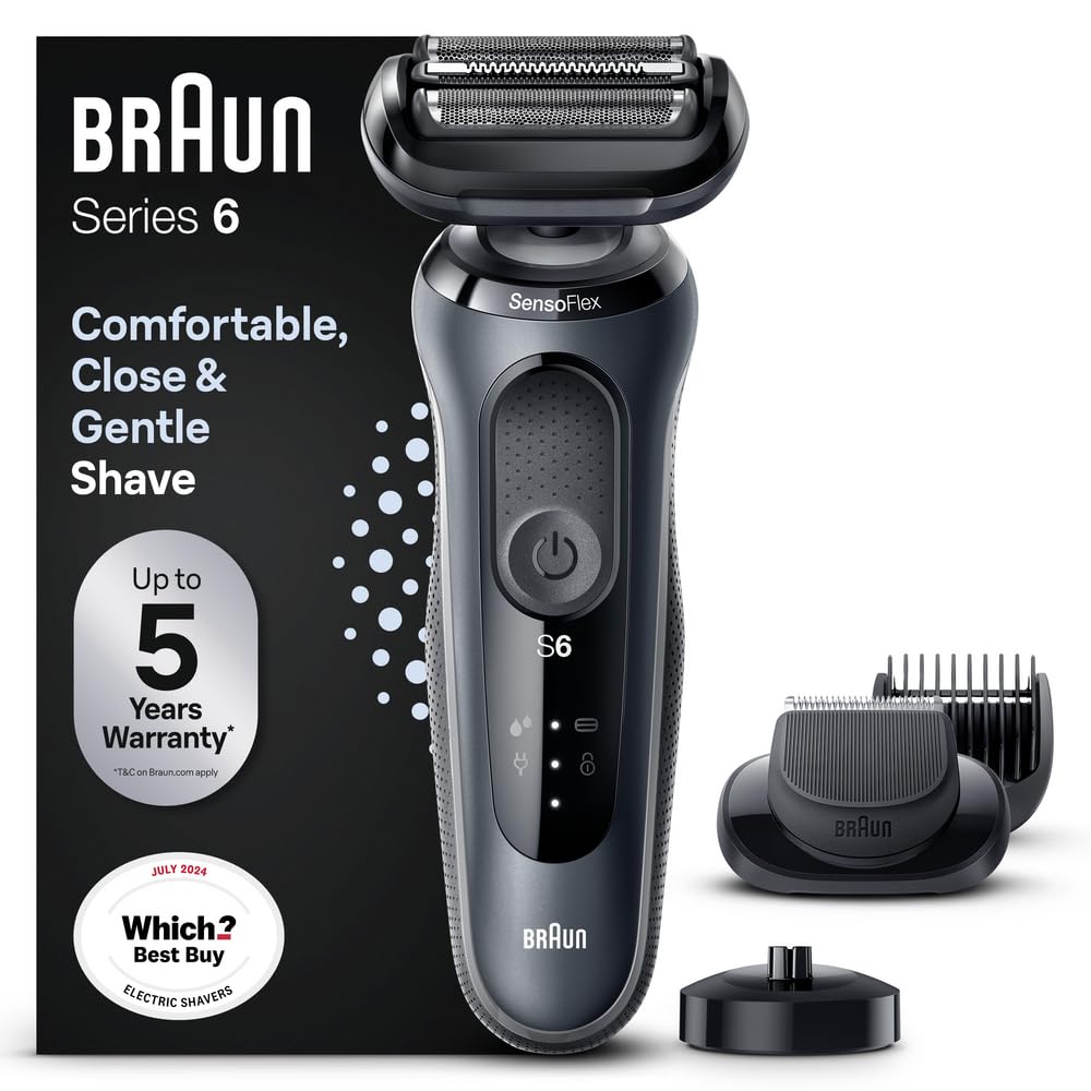 Braun Electric Shaver Series 6, Wet & Dry Electric Shaver For Men With EasyClick Beard Trimmer Attachment, Charging Stand, SensoFlex, Rechargeable, Cordless Foil Razor, 60-N4500cs Grey