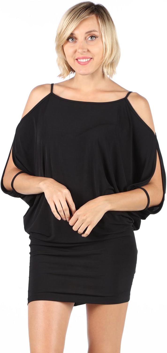 COLD SHOULDER LOOSE TOP, TIGHT BOTTOM DRESS. (Small, black) at Amazon