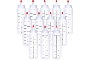Baaxxango 12 Pack 8 oz/240 ml Plastic Squeeze Bottles, Scale Squirt Bottle with Red Tip Cap and Black Scale for Ketchup, Sauces, Syrup, Dressings, BBQ, Crafts and More