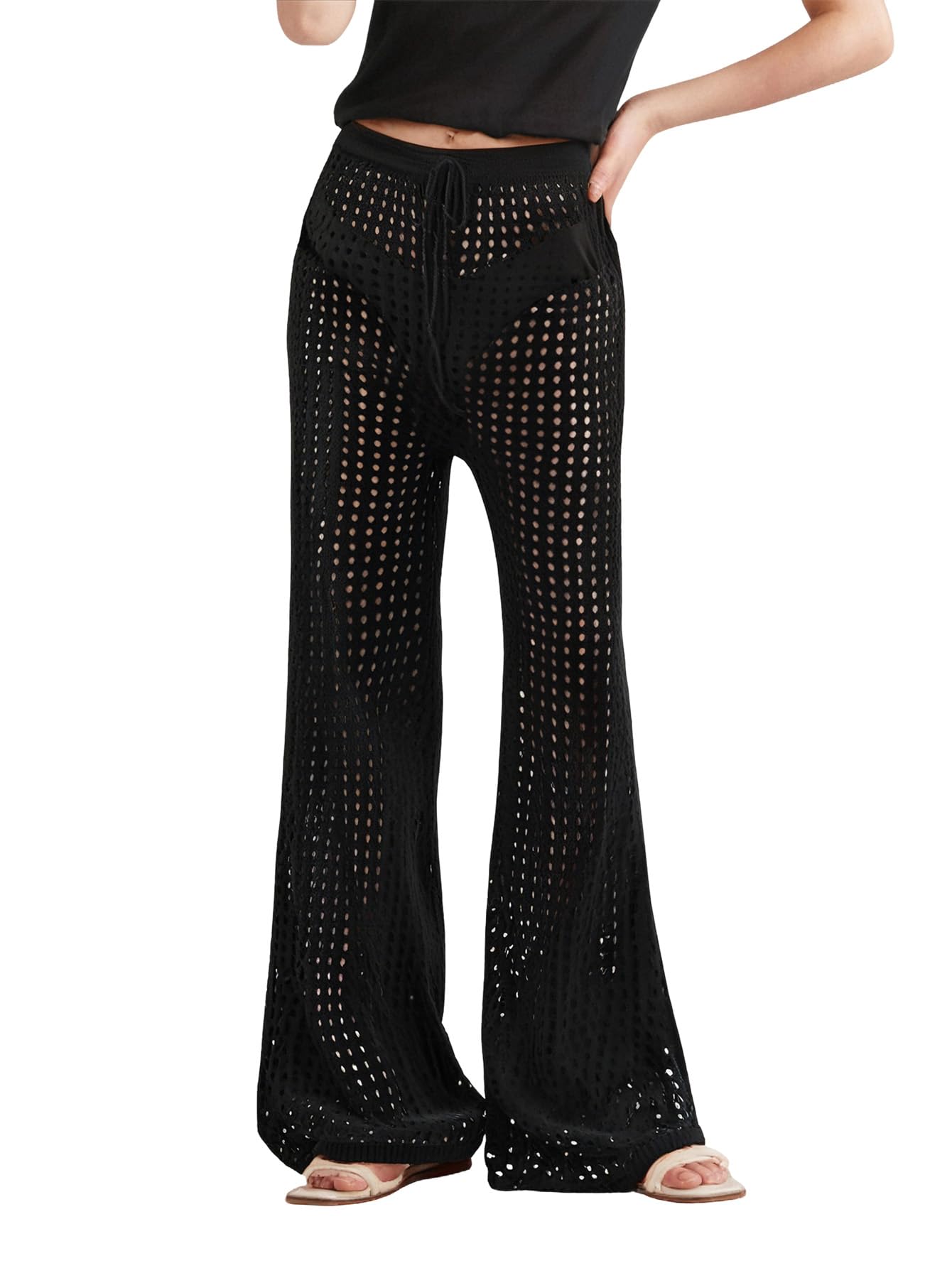 Photo 1 of GORGLITTER Women's Crochet Cover Up Pants Hollow Out Elastic Waist Beach Pants Black Large