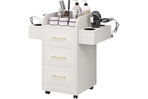 4EVER2BUY Beauty Salon Station for Hair Stylist, Salon Station Storage Cabinet with Wheels, Rolling Beauty Station with 3 Drawers & 6 Hair Dryer Holders