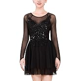 ODASDO Figure Skating Dress for Women Mesh Long Sleeve Criss Cross Back Sequin Bead Chiffon Skirted Leotard Dancewear